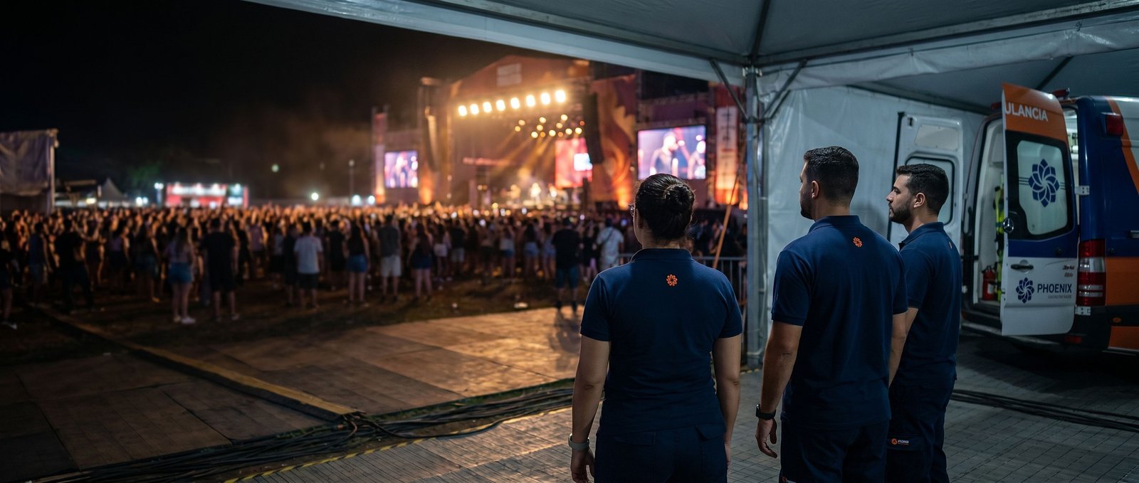 Cobertura médica em evento de grande porte ao entardecer